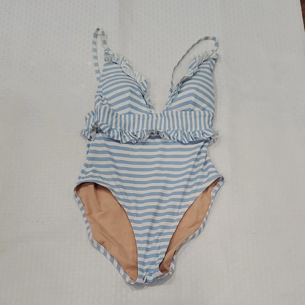 J. Crew Ruffle Plunging  Blue and White Striped Women's One Piece Swimsuit - Picture 3 of 12